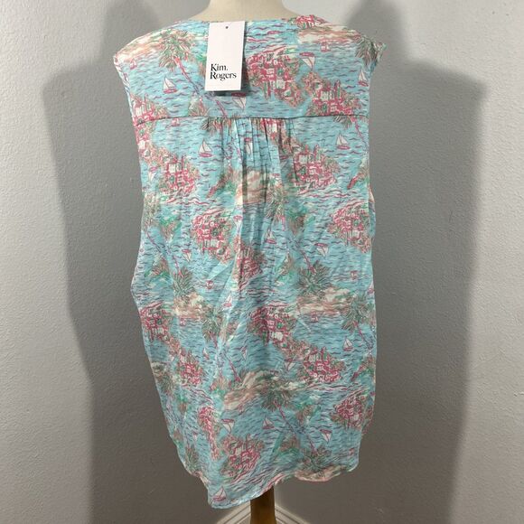 Kim Rogers Top Womens XXL Aqua Corivor Sleeveless‎ AOP Blouse - Picture 3 of 7
